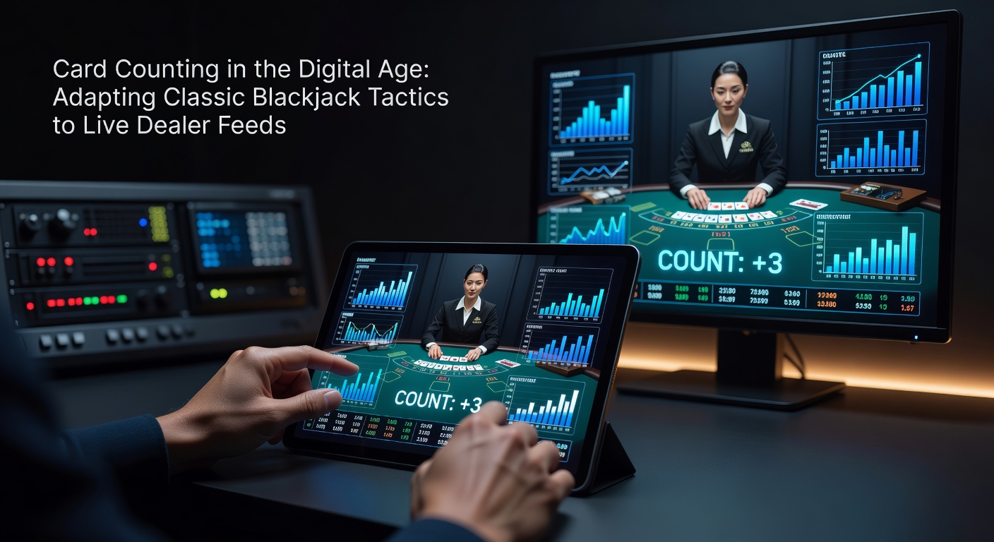 A focused player at a computer screen tracking cards in a live dealer blackjack game, with multiple camera angles visible on the feed
