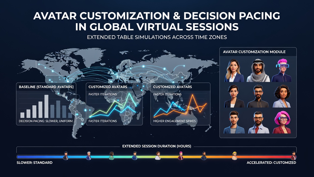 Extended virtual table session showing players with customized avatars making timed decisions in poker and roulette environments
