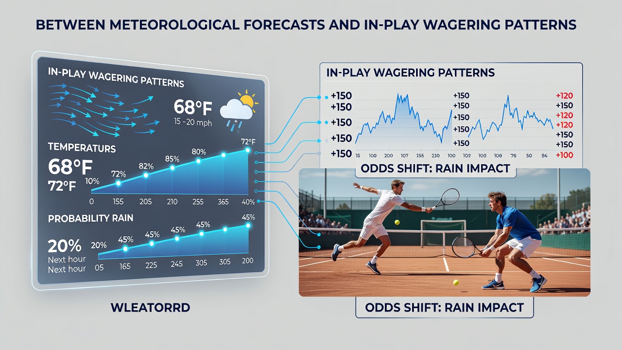 Weather radar overlay on a sports stadium showing incoming storm patterns affecting live event conditions