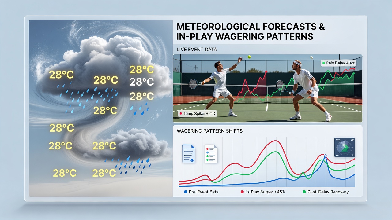 Live betting interface displaying shifting odds next to a real-time weather dashboard for an outdoor tennis match