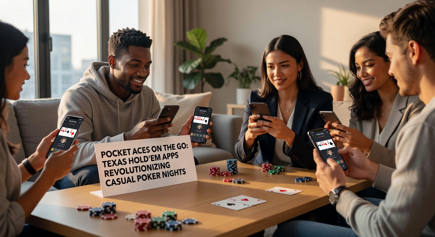 Smartphone screen displaying a lively Texas Hold'em poker table with virtual players and pocket aces in hand, capturing the thrill of mobile poker