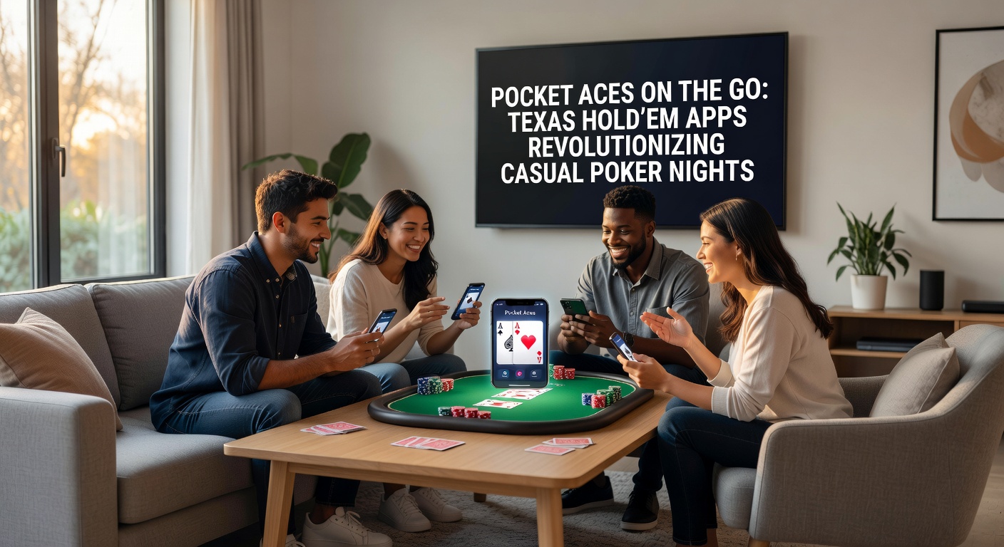 Group of friends laughing around a table with phones out, screens showing Texas Hold'em apps in a modern casual poker night setup