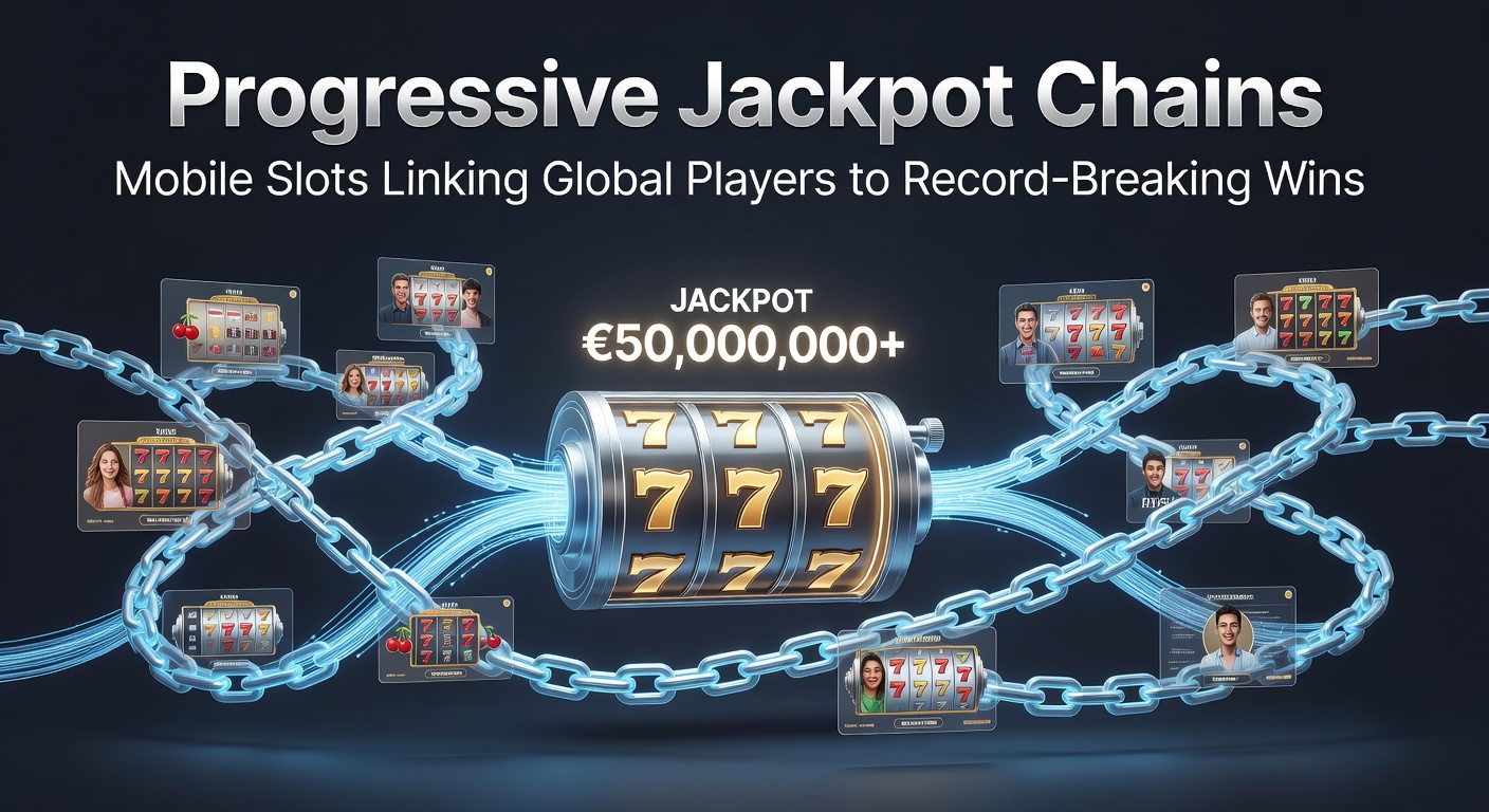 Illustration of interconnected mobile slots networks forming a global progressive jackpot chain with coins cascading across devices