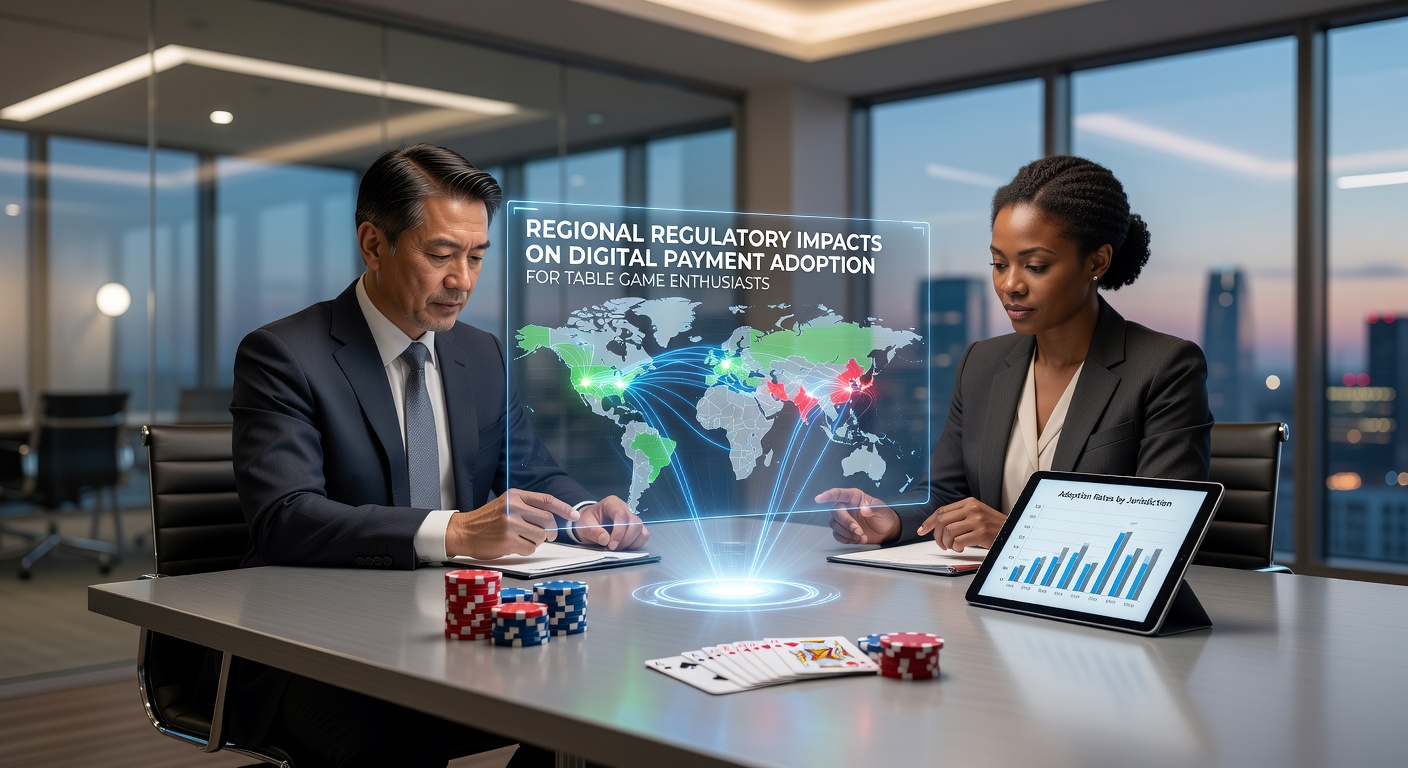 Regional maps overlaid with payment icons showing regulatory zones for digital transactions in table gaming