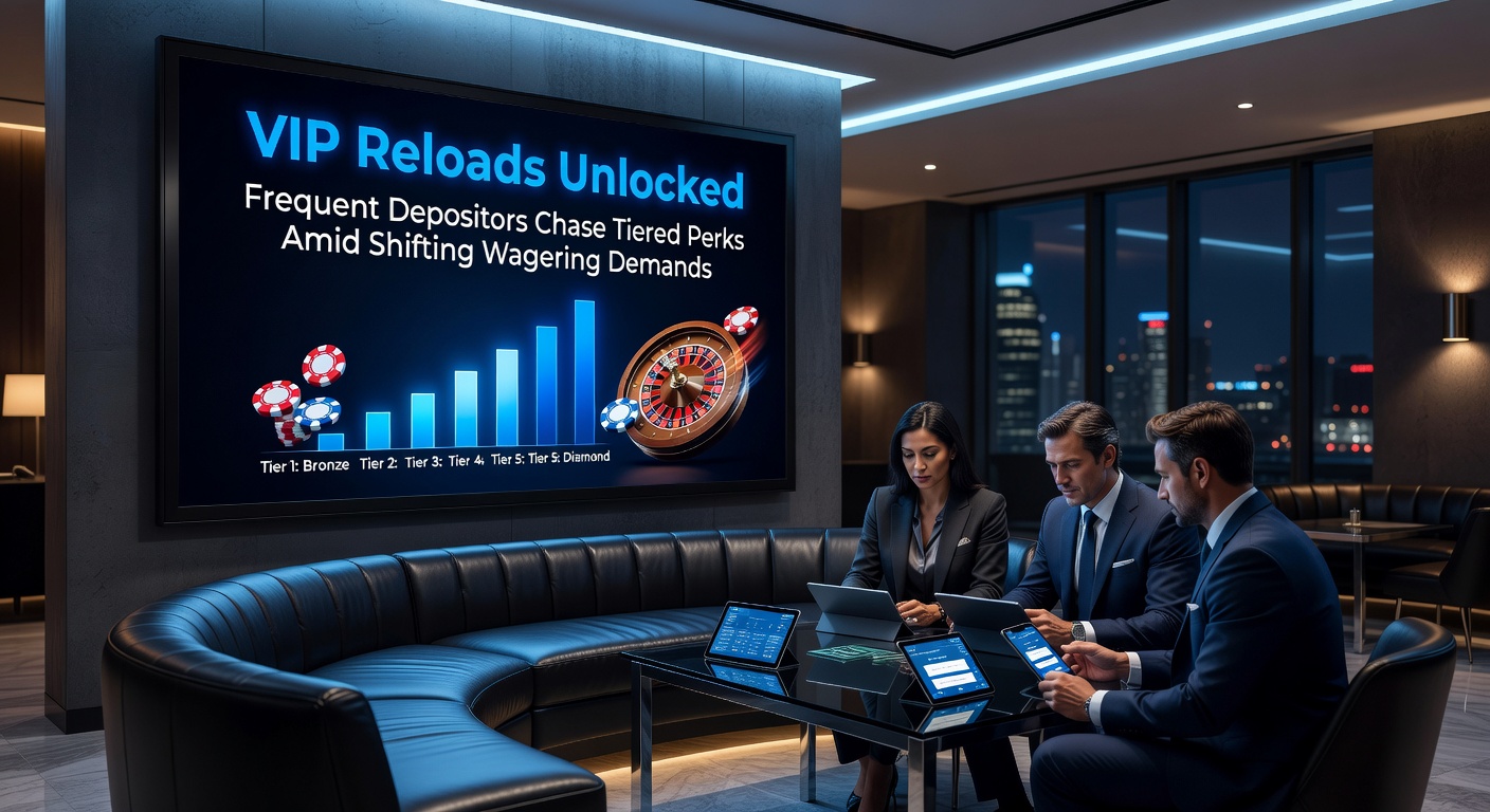 Screenshot of a mobile casino app displaying VIP reload bonus tiers, with gold icons highlighting cashback percentages and wagering multipliers for frequent depositors