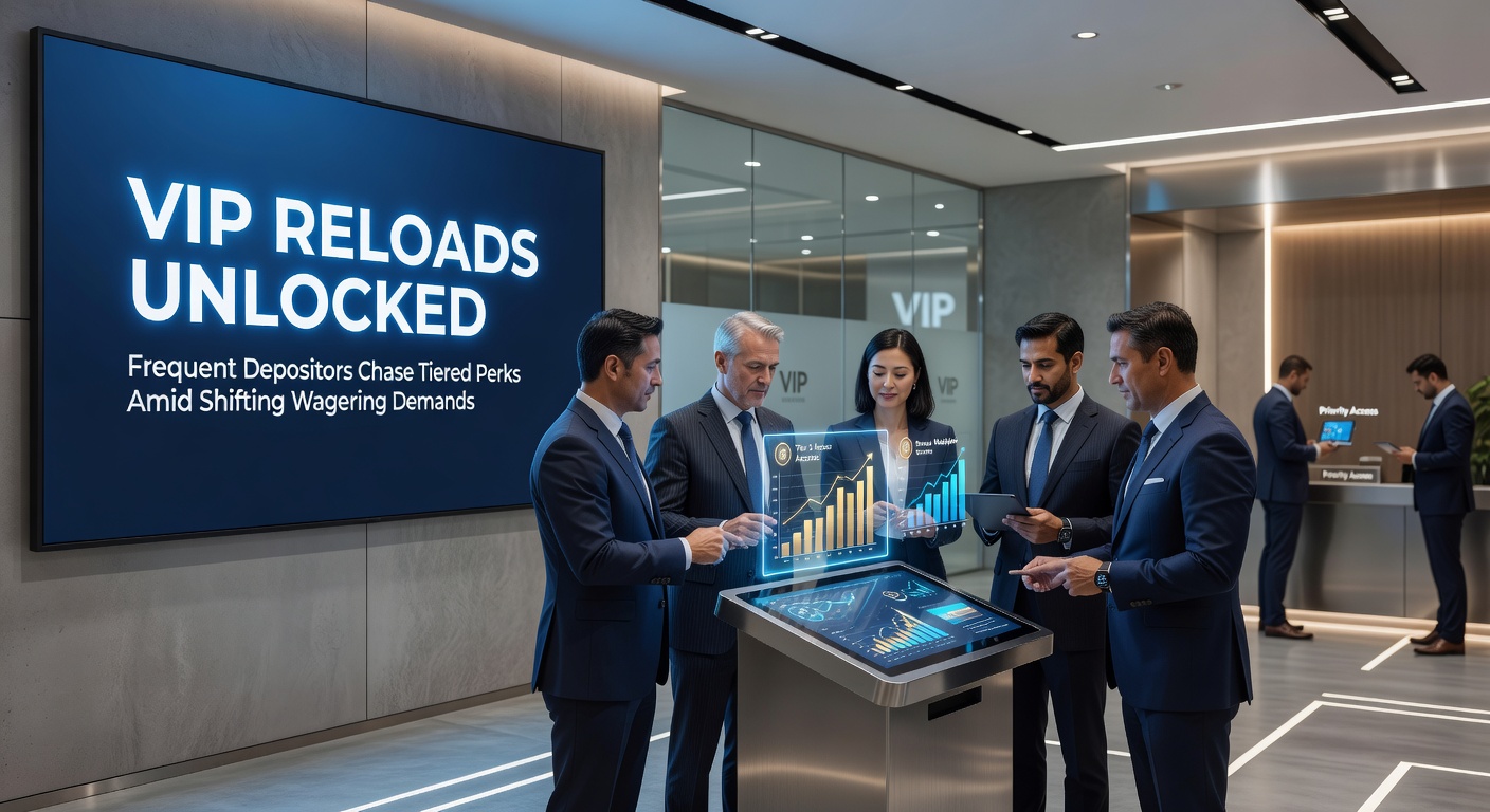 Infographic chart illustrating VIP tier progression, with bars showing deposit thresholds, wagering requirements, and perk values like cashback rates climbing from 5% at entry level to 20% at elite status
